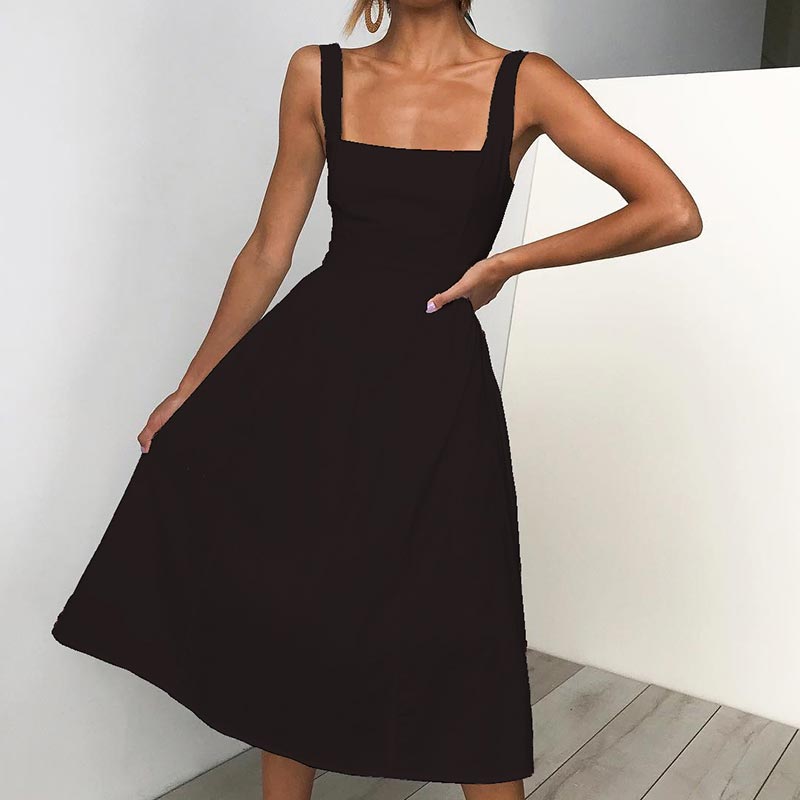 Casual Simple High Waist Sleeveless Slash Neck A-line Midi Dress