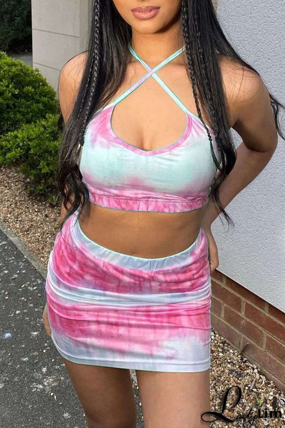 Pink Sexy Print Patchwork Halter Sleeveless Two Pieces