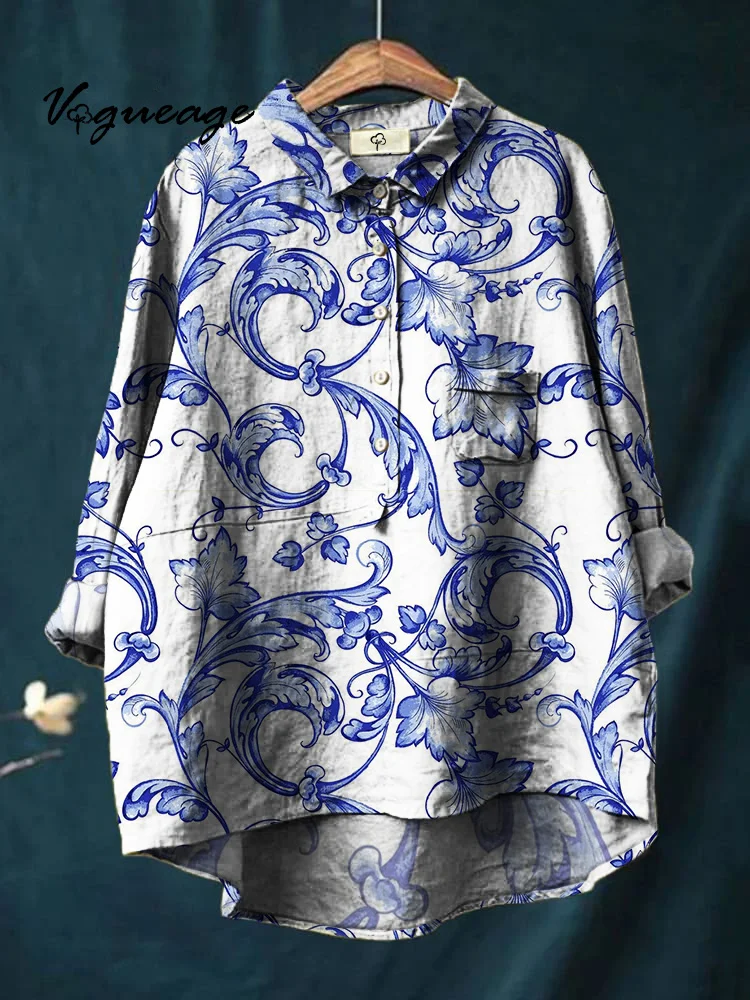 Elegant And Simple Plant Leaves Print Cotton And Linen Shirt