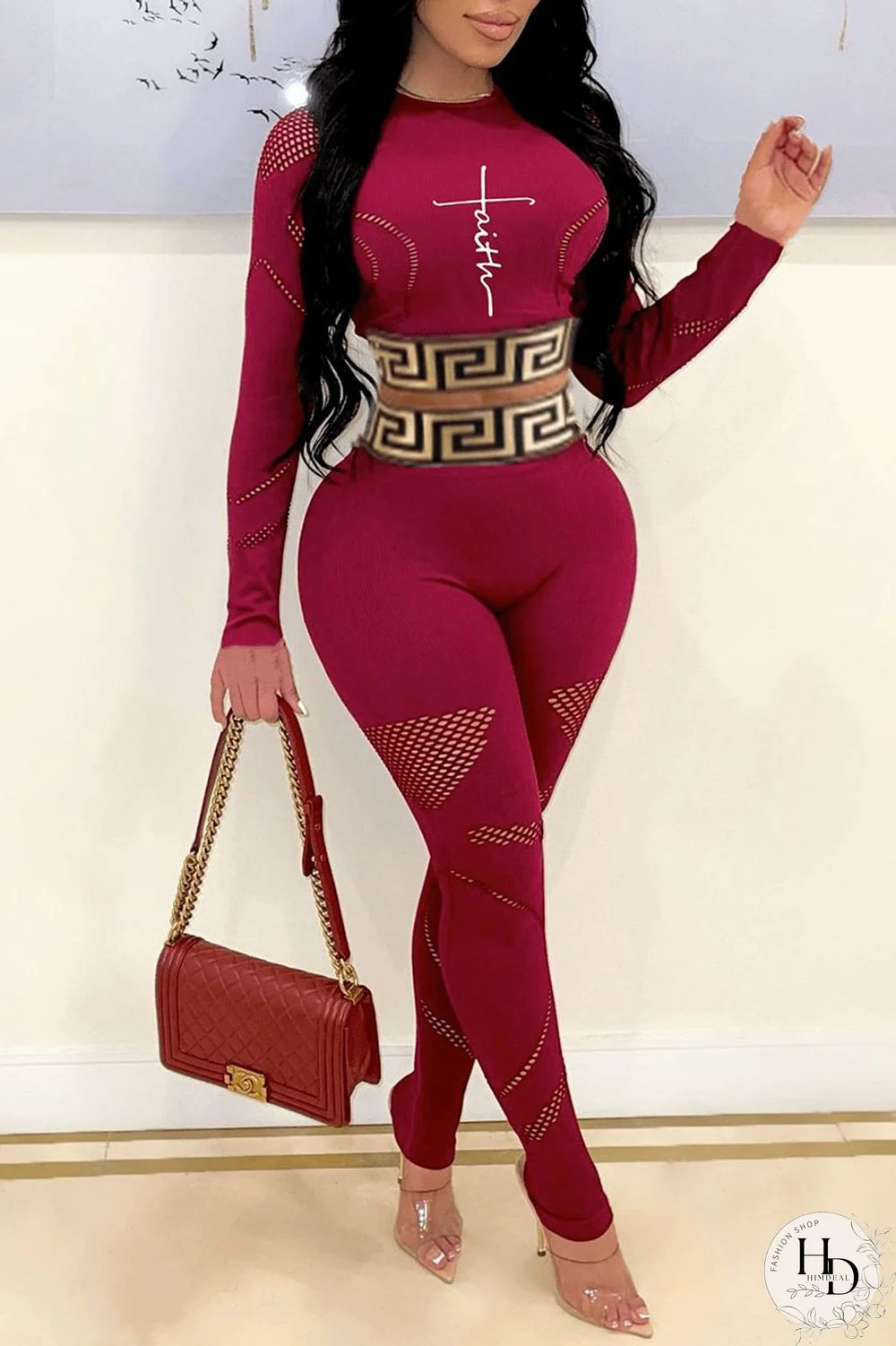 Burgundy Casual Print Split Joint O Neck Long Sleeve Two Pieces