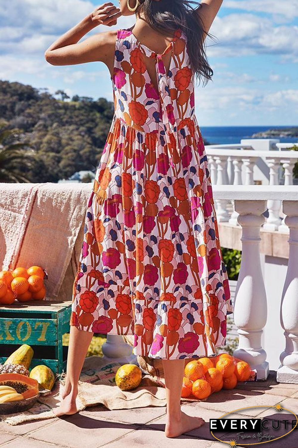 Retro Temperament Flower Print Ribbons Long Dress P14370