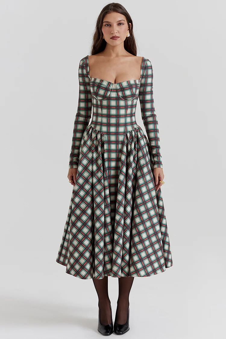 square neck retro plaid dress