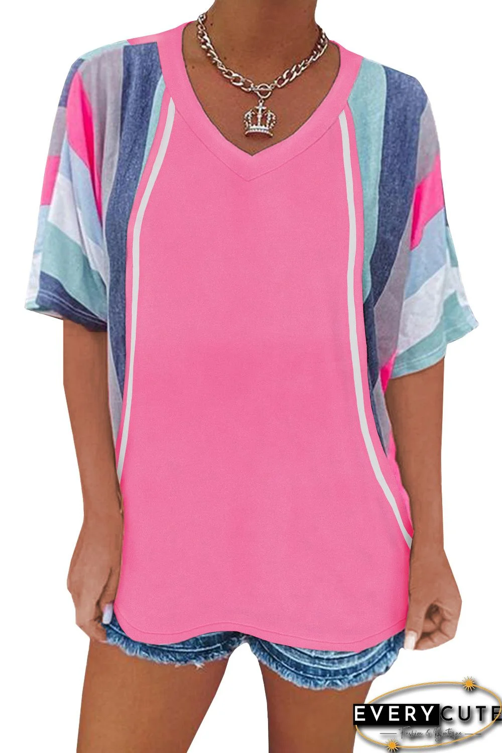 Pink Stripe Patchwork V Neck T Shirt