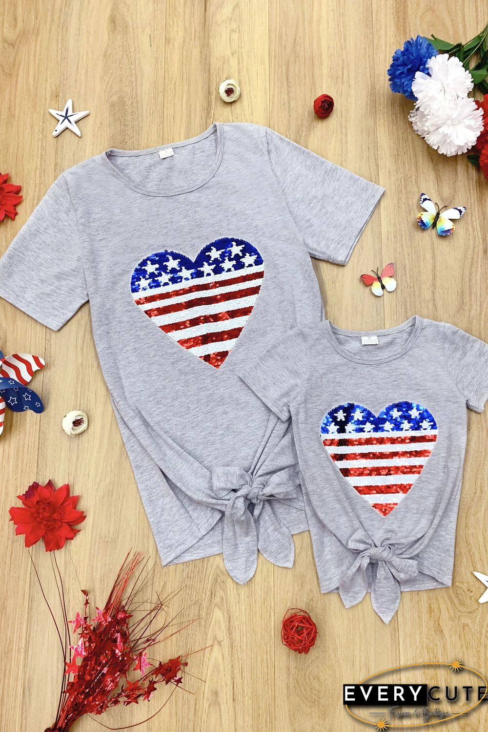 Mommy Patriotic Flag Sequin Heart Applique Knot Top