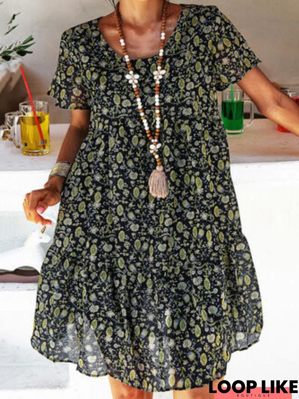 Casual Floral Short Sleeve Round Neck Printed Dress