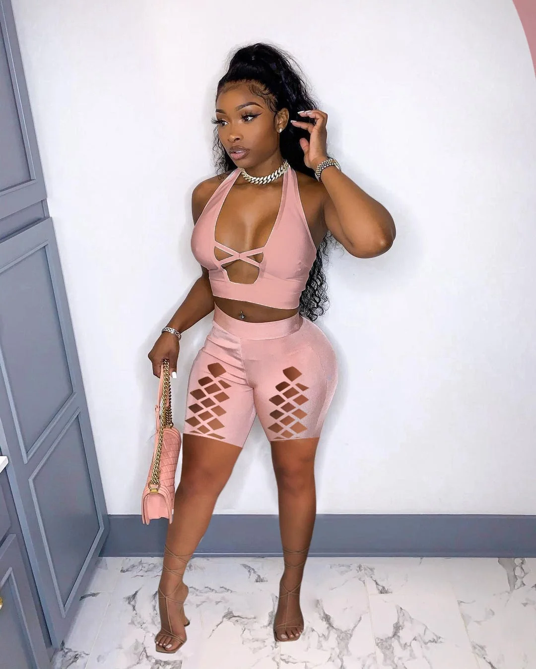 CM.YAYA Women Set Solid Sleeveless Halter Crop Tops Hollow Out Stretchy Shorts Two 2 Piece Sets Sexy Tracksuit Summer Outfits