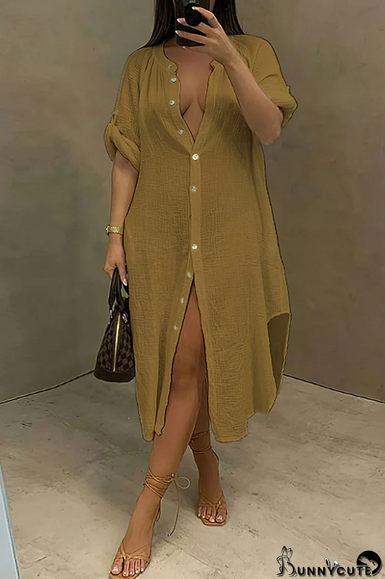 Deep Coffee Fashion Casual Solid Patchwork Turndown Collar Shirt Dress