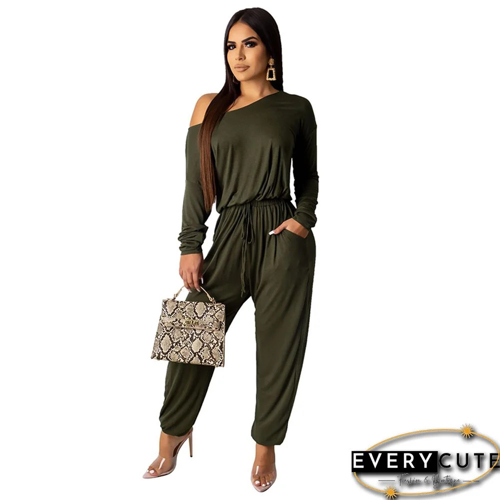 Solid Color Off Shoulder Army Green Jumpsuit