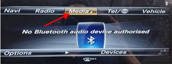 Mercedes NTG Media tab selected in the original car menu