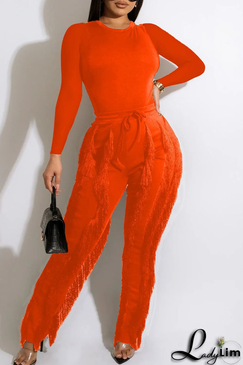 Orange Fashion Casual Solid Tassel Patchwork O Neck Long Sleeve Two Pieces