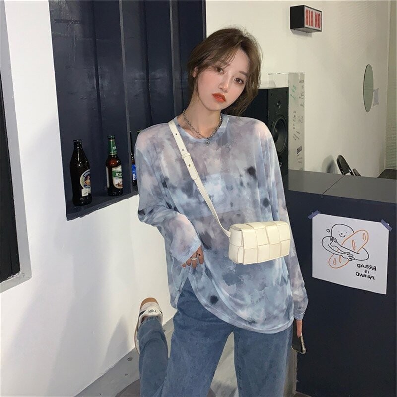Woherb Women thin Sun protection shirt summer Sexy Woman TShirts letters perspective Tops Long Sleeve Ice silk O-neck Bottoming T-Shirt