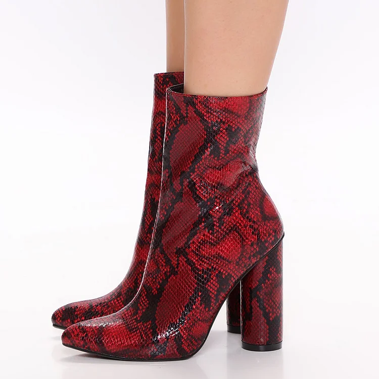Red Snakeskin Print Shoes Pointed Toe Chunky Heel Ankle Boots |FSJ Shoes
