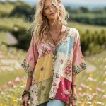 Women's Vintage Floral Print V-neck T-shirt - Image 2