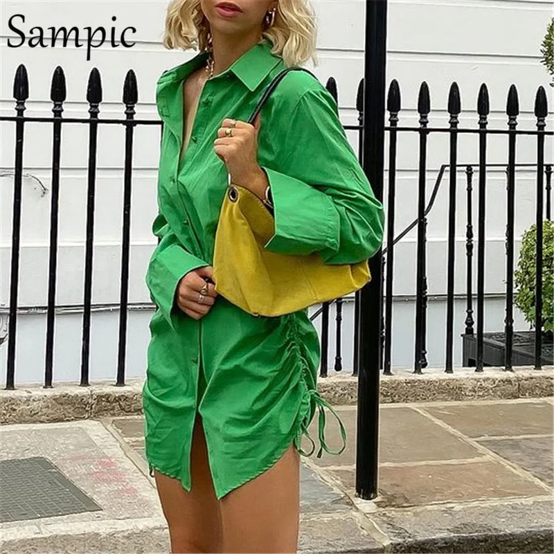 Sampic Casual Women Summer Green Y2K Ruched Bandage Mini Wrap Long Sleeve Blouse Dress Office Ladies Sexy Club Short Dresses