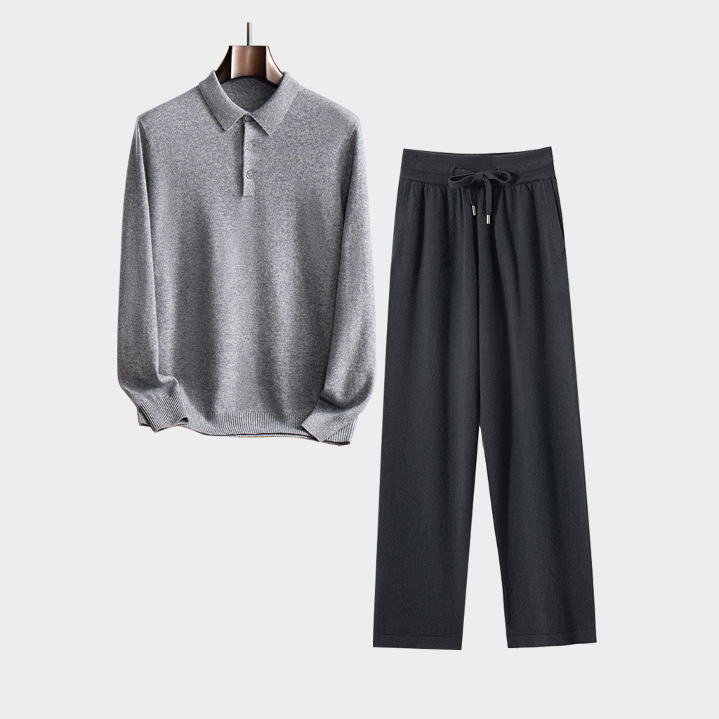 Men's Polo-Style Cashmere Sweater and Pants Set | Classic Tailored REAL SILK LIFE