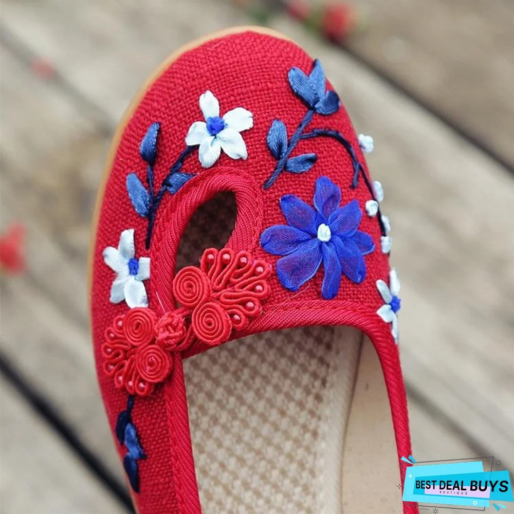 3D Flowers Women Linen Slip On Ballet Flats Breathable Fabric Shoes