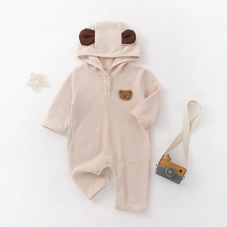 Baby Boy/Girl Waffle Bear Suspender Long Sleeve 3D Ear Hooded Romper