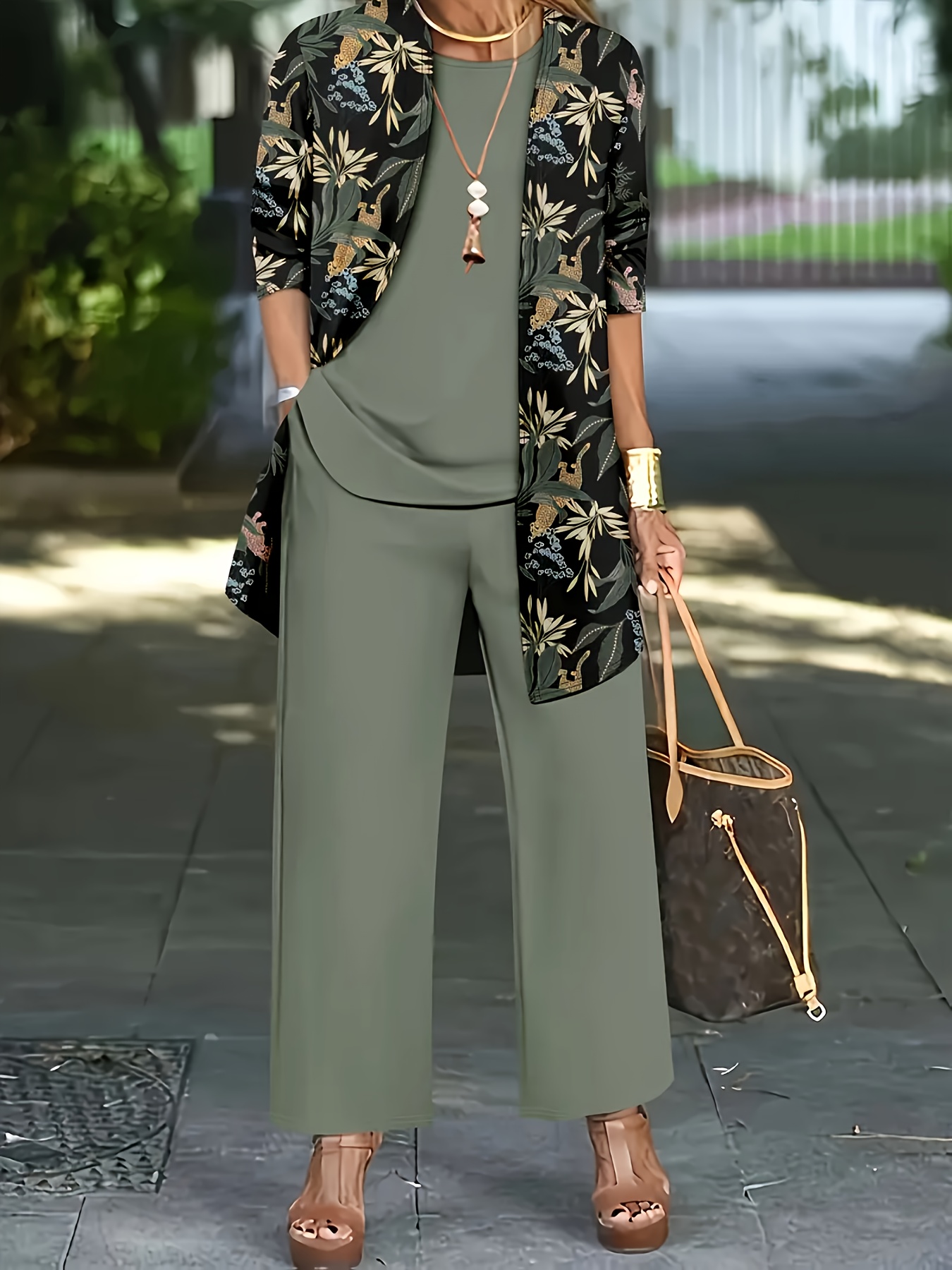 3pcs Women&lsquo;s Suit: Cardigan Floral Print Jacket with Vest Top and Elegant Casual Pants, Essential for Daily Wear, All-Season Outfit, Stylish Office Attire, Versatile Clothing, Chic Ensemble, Quality Stitching, Durable Clothing, Matching Set