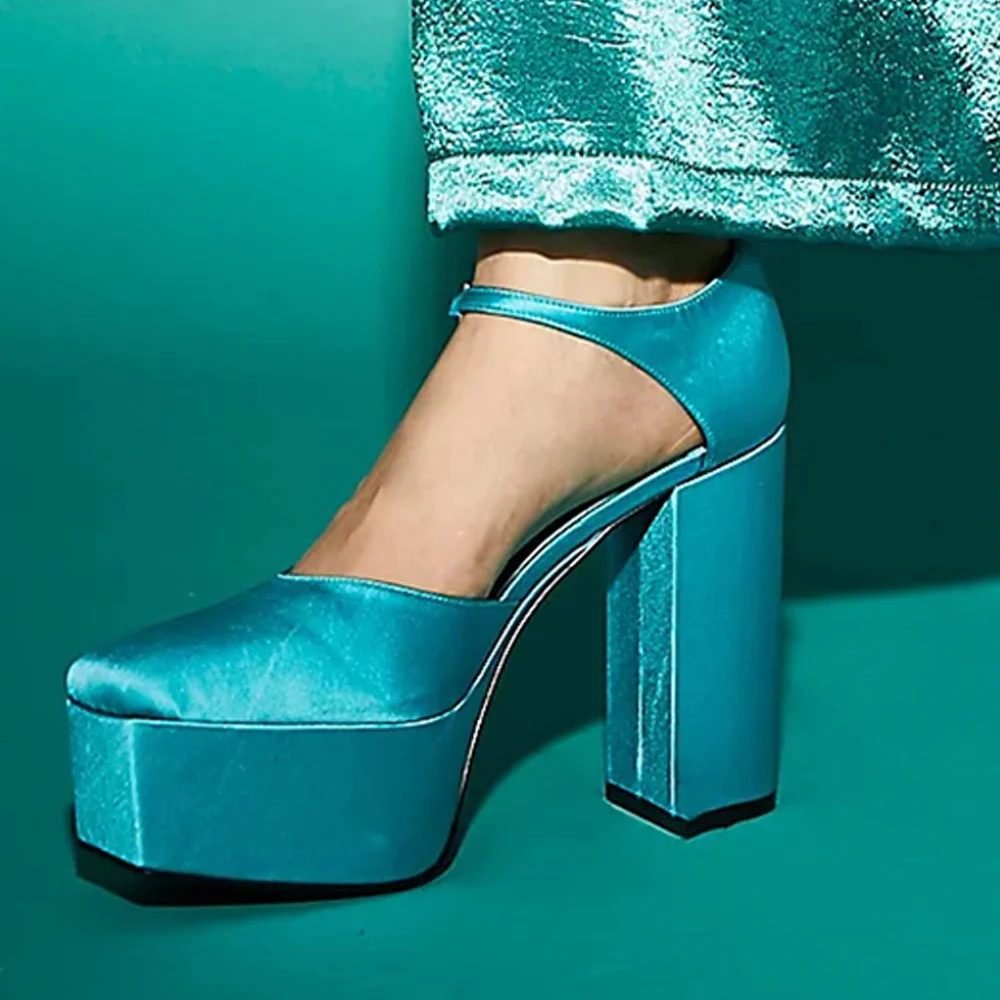 Women's Blue Satin Platform Pumps Square Toe Ankle Strap High Chunky Heels Nicepairs