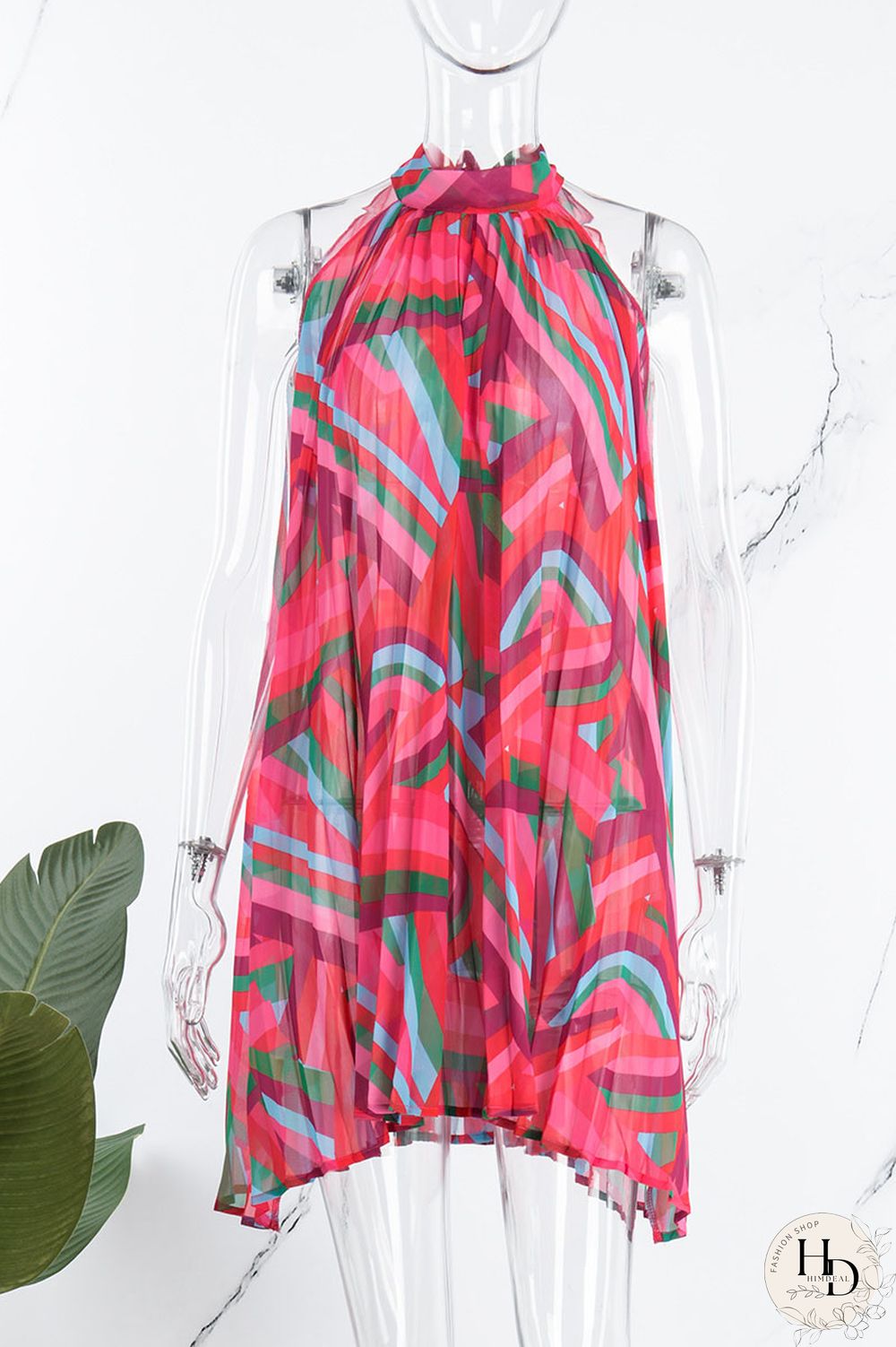 Rose Red Casual Print Patchwork Fold O Neck A Line Dresses