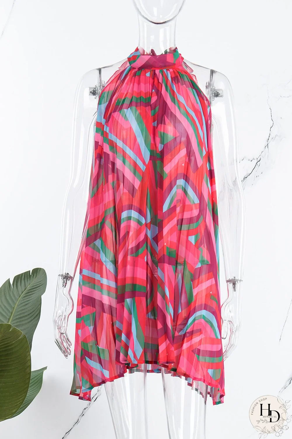 Rose Red Casual Print Patchwork Fold O Neck A Line Dresses