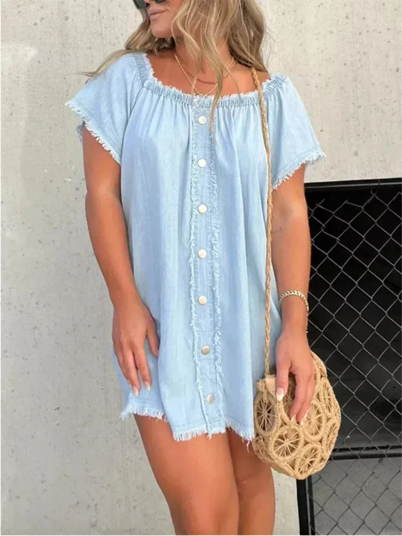 Full Size Off-Shoulder Button-Down Frayed Denim Dress Plus Size mysite idetrend