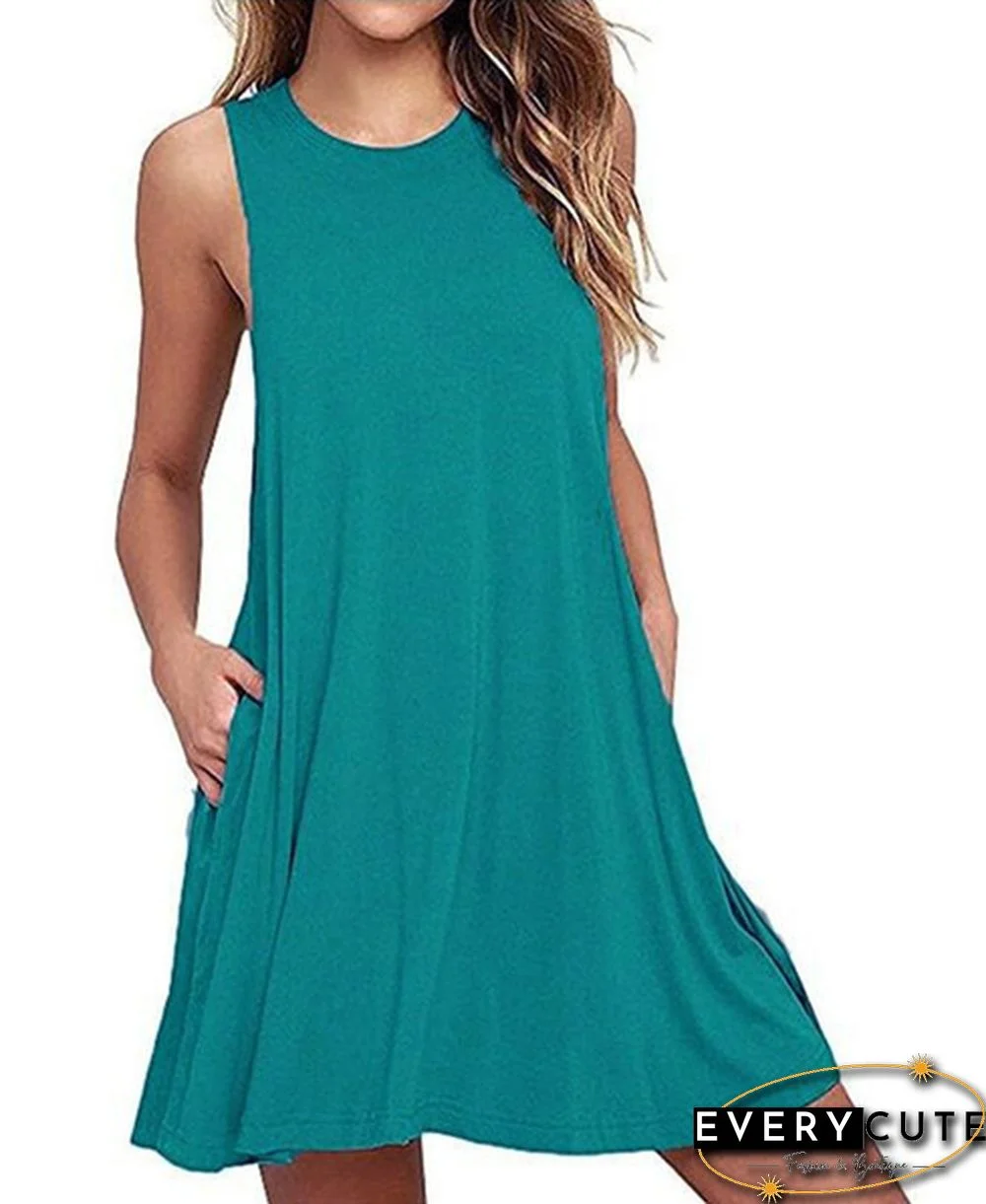 Plus Size XS-8XL Summer Women Casual Round Neck Solid Color Loose Sleeveless Beach Tank Top A-line Pocket Dress Sexy Short Club Party Mini Halter Midi Dresses Robe Ete Femme Knee Length Pleated Skirts Ladies Fashion Swing Cotton T-Shirt Dress