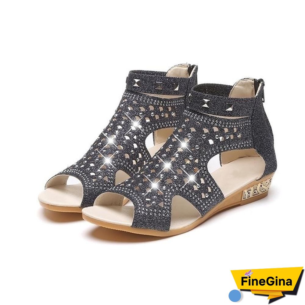 Summer Women's New Rhinestone Sandals Metal Hollow-out Roman Wedge Shoes