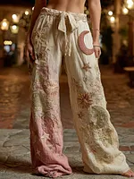 Star And Moon Embroidered Contrasting Linen Casual Pants