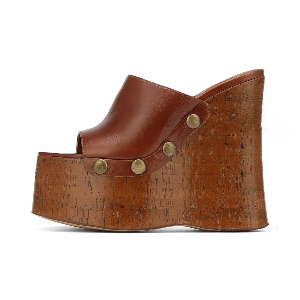 Brown Open Toe Studded Platform Wedge High Heel Mule Shoes for Women