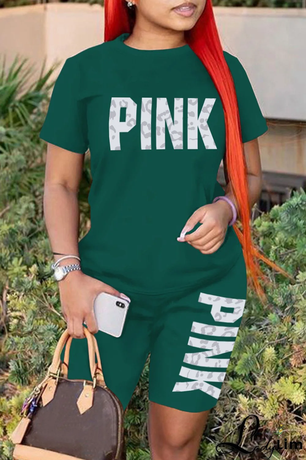 Blue Fashion Casual Letter Print Patchwork O Neck Short Sleeve Two Pieces