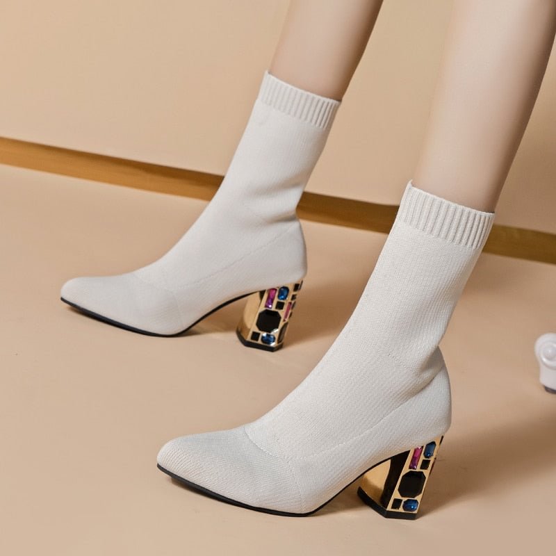 Women's Boots TGHDOF Fabric High Heel Autumn Sock Boots Women Fashion Zipper Pumps Pointed Toe Slip on  Zapatos Para Mujer