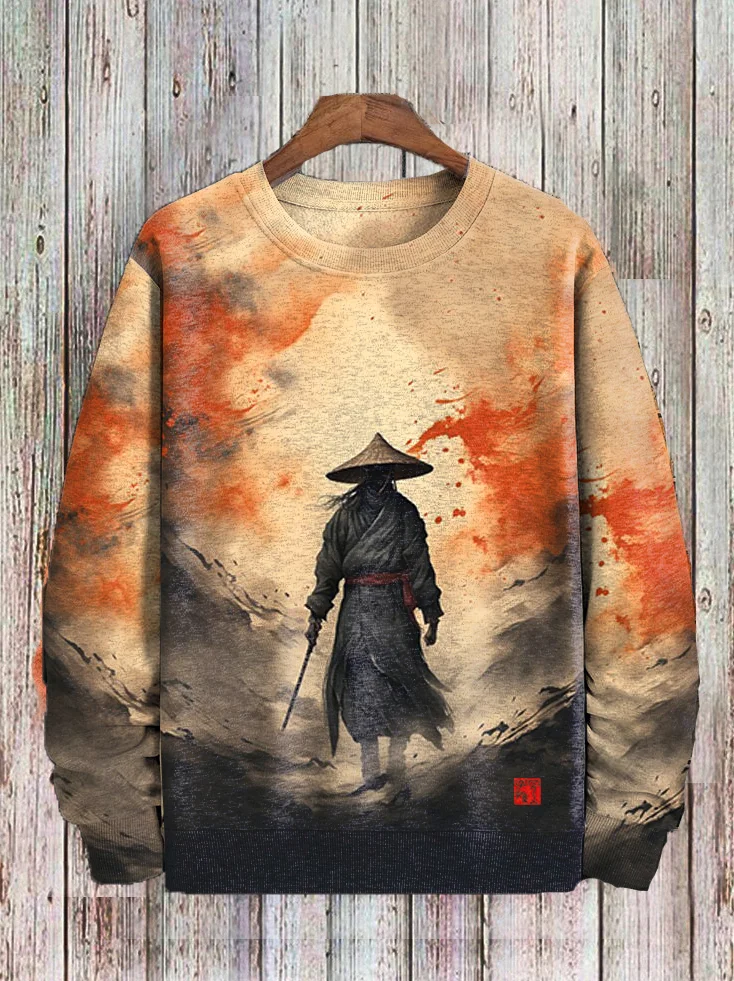 Men's Vintage Oriental Samurai Ink Art Printed Sweatshirt