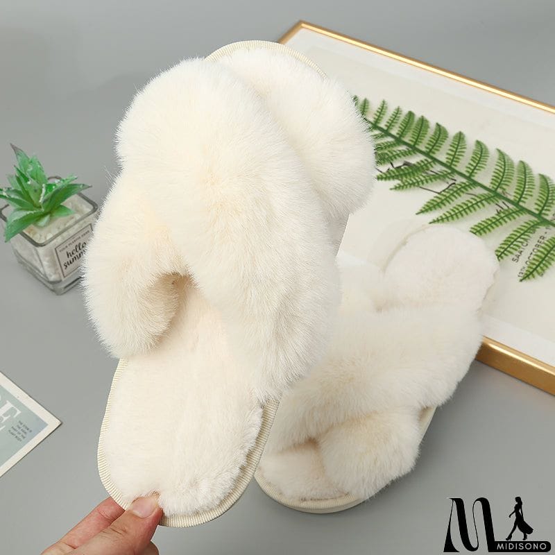 MidiSono - Faux Fur Crisscross Strap Slippers