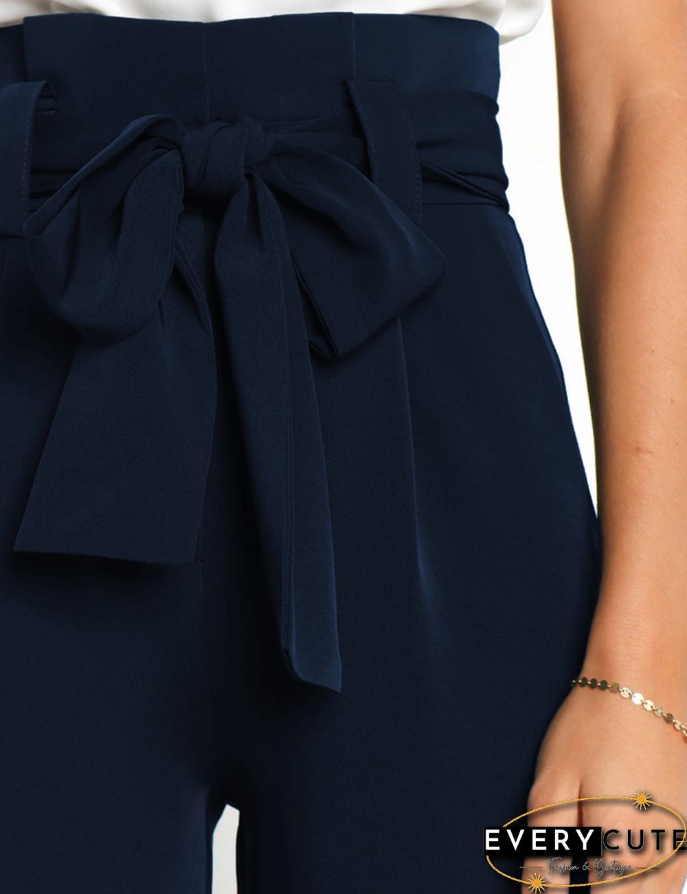 Navy Blue Wide Leg High Waist Pocket Pants with Belt