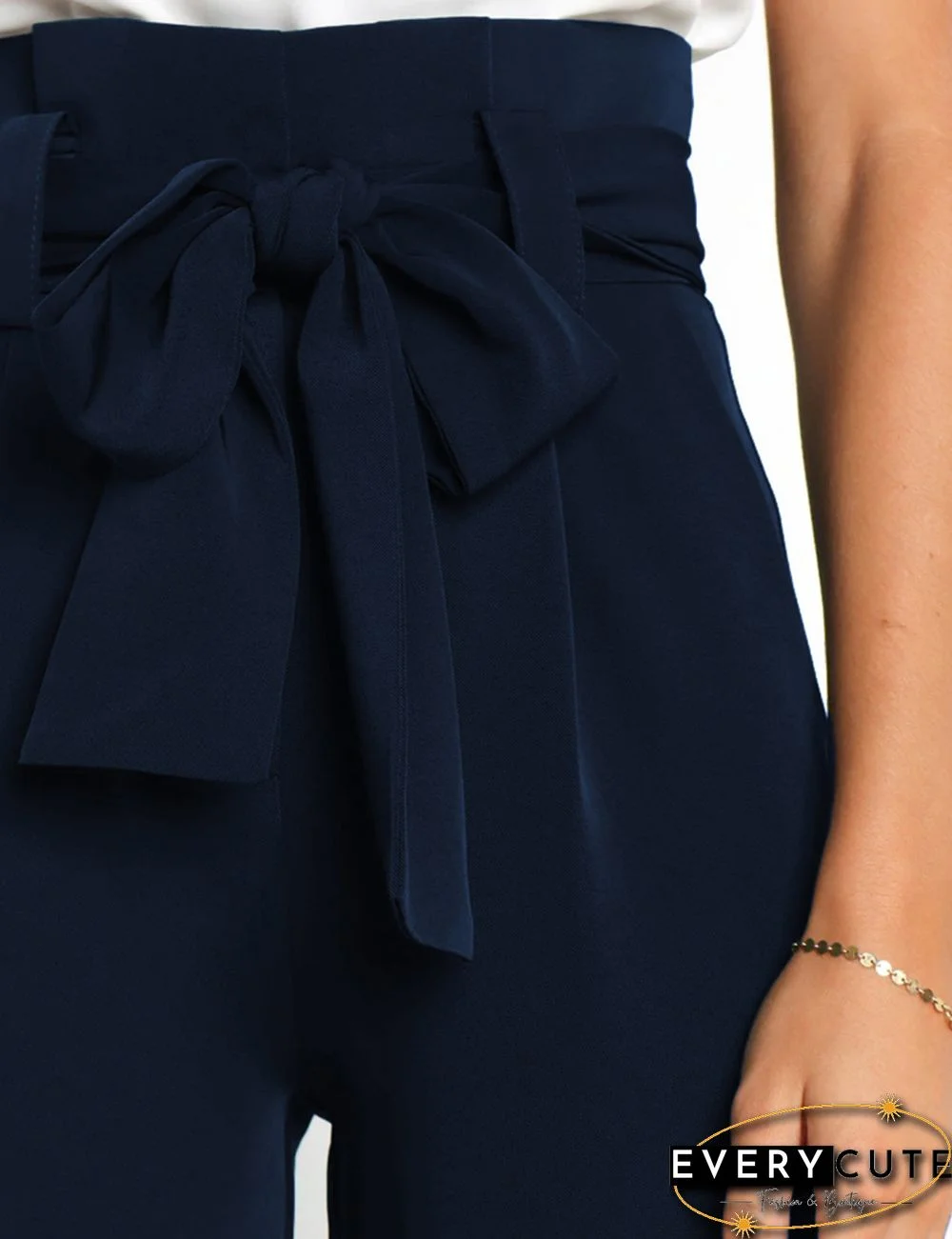 Navy Blue Wide Leg High Waist Pocket Pants with Belt