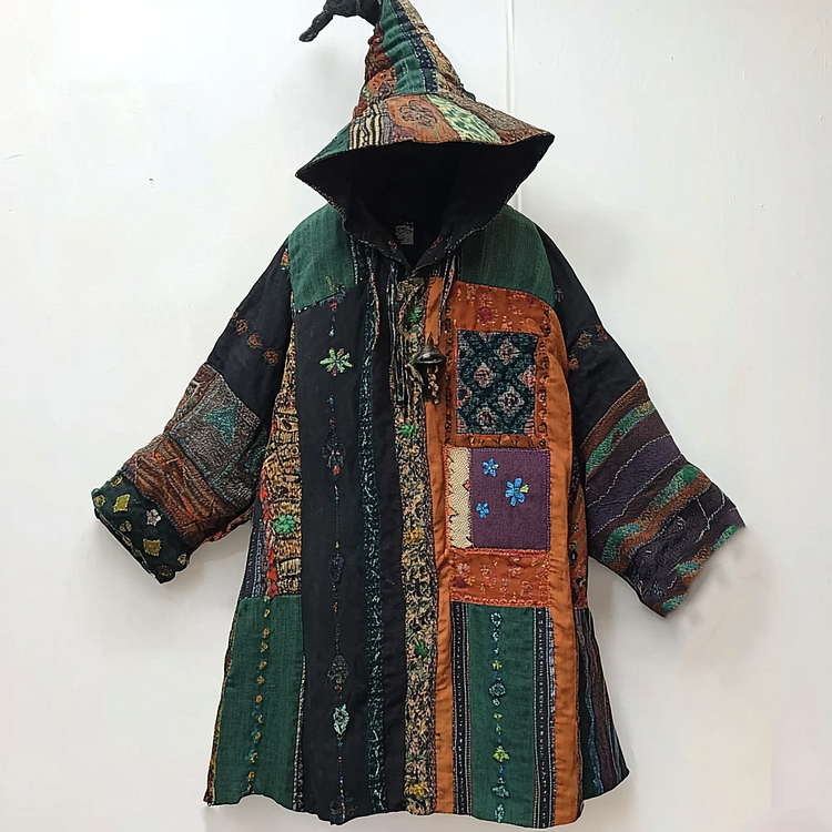 Ethnic print hooded disk-button robe 2852