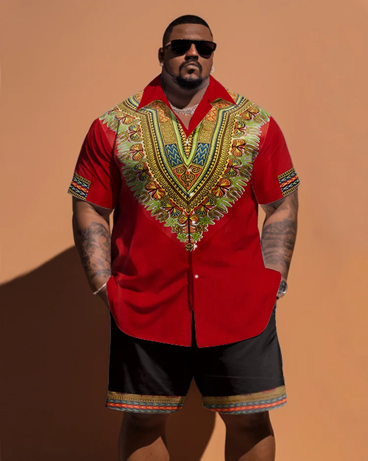 Men's Plus Size Ethnic Pattern Short Sleeve Shirt And Shorts Set