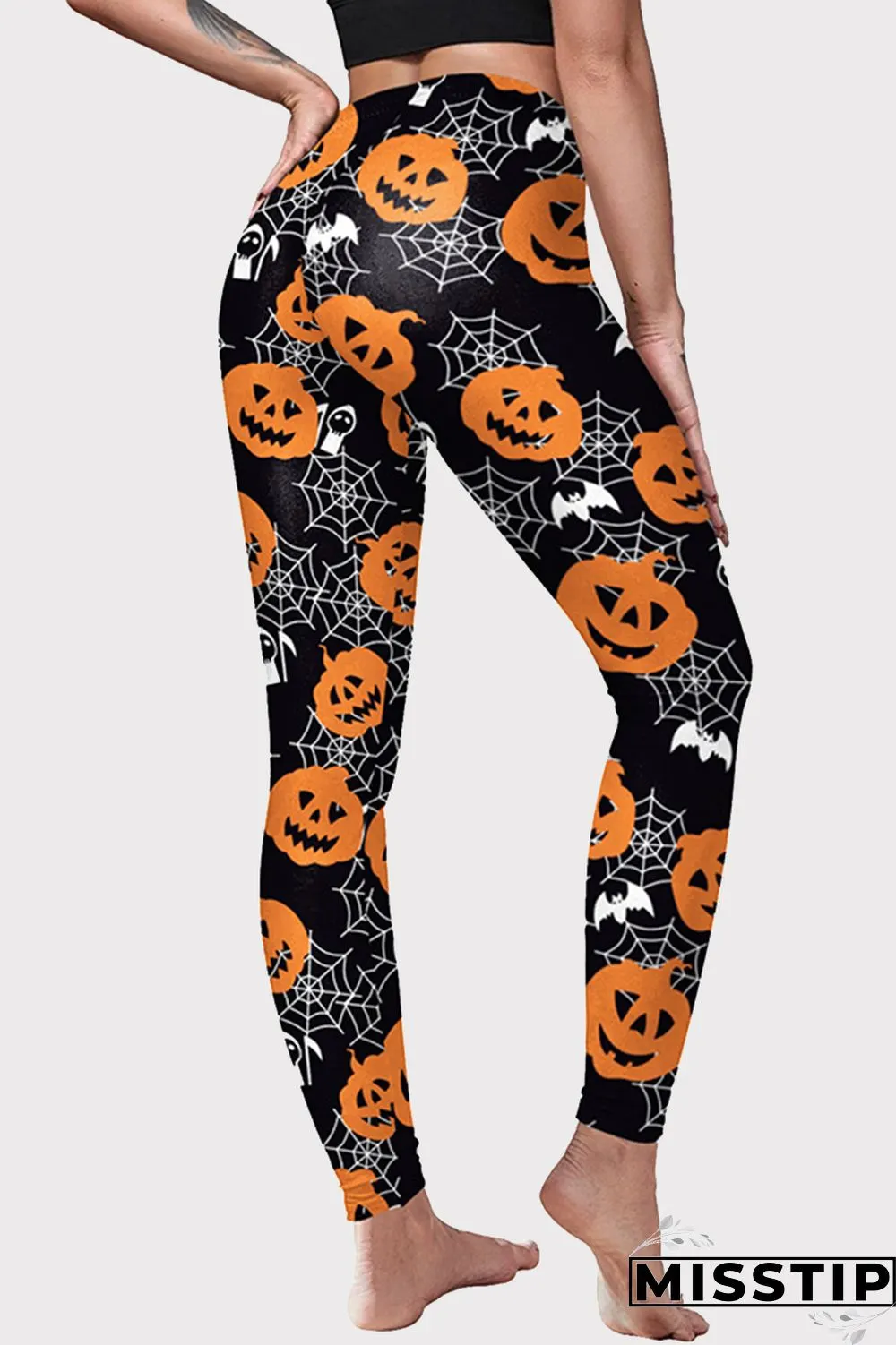 Black Halloween Fashion Casual Basic Print High Waist Skinny Trousers