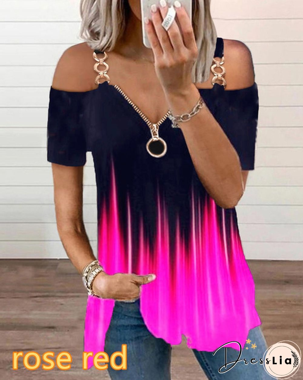 Summer New Fashion Women's Flame Printed Short Sleeve Strapless Metal Halter Top Casual Zipper V-neck T-shirt Loose Plus Size Soft and Comfortable Top Shirt XS-5XL