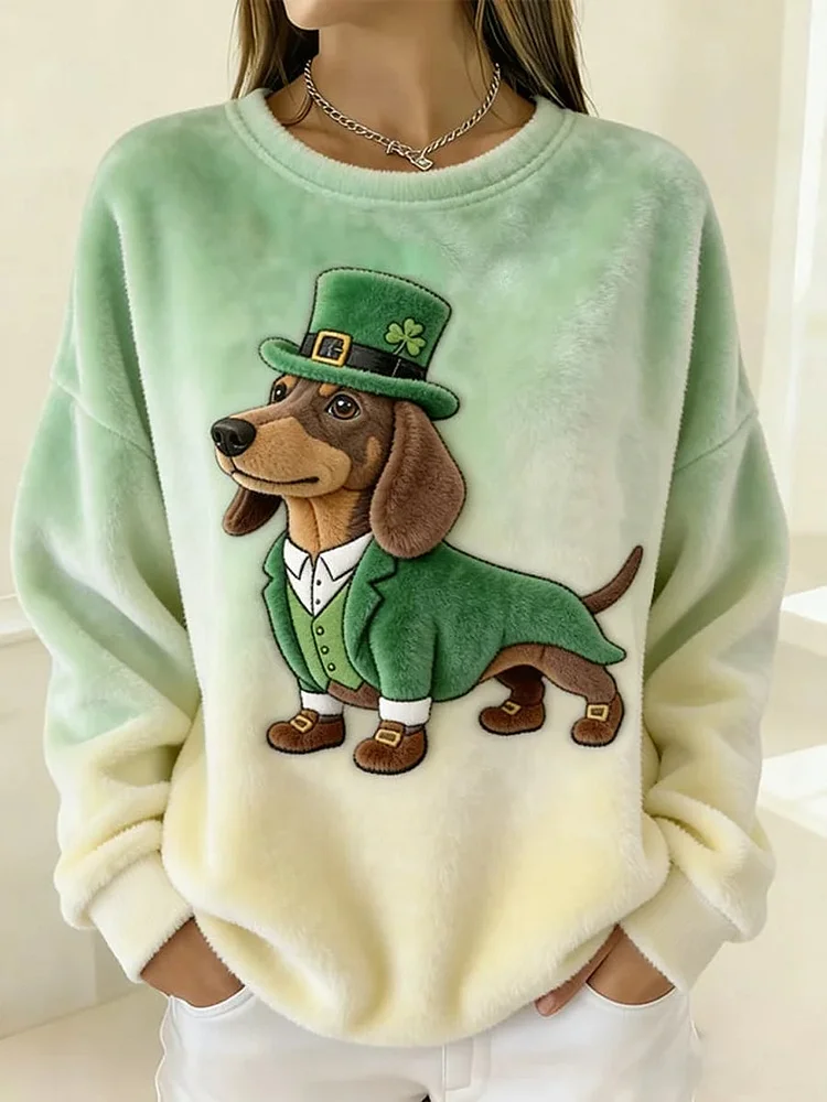 Women's Cute Shamrocks Puppy Print Flannel Sweatshirt