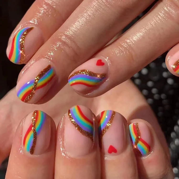 Daily Nude Pink Shiny Rainbow Striped Heart False Nails