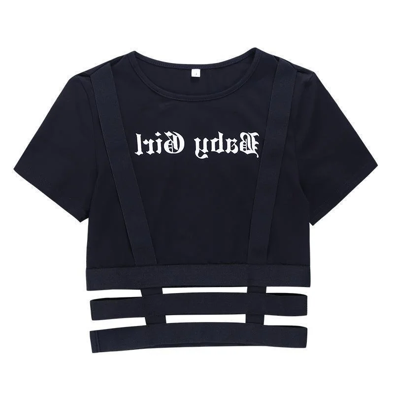 Uveng Uveng Sexy Slim Short Sleeve Letter Print T-Shirt Irregular Hollow Out Crop Bottom Top