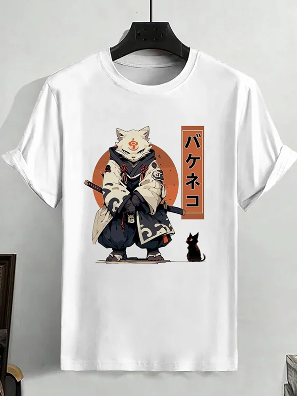 Men's Mighty Kimono Samurai Cat Art Graphic Printed Casual T-Shirt