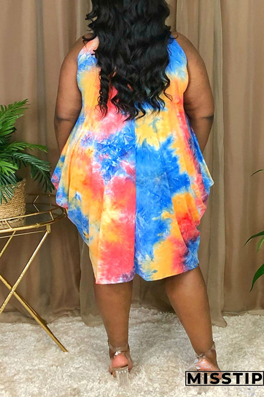 Red Fashion Casual Print Tie-dye Asymmetrical O Neck Vest Dress Plus Size Dresses
