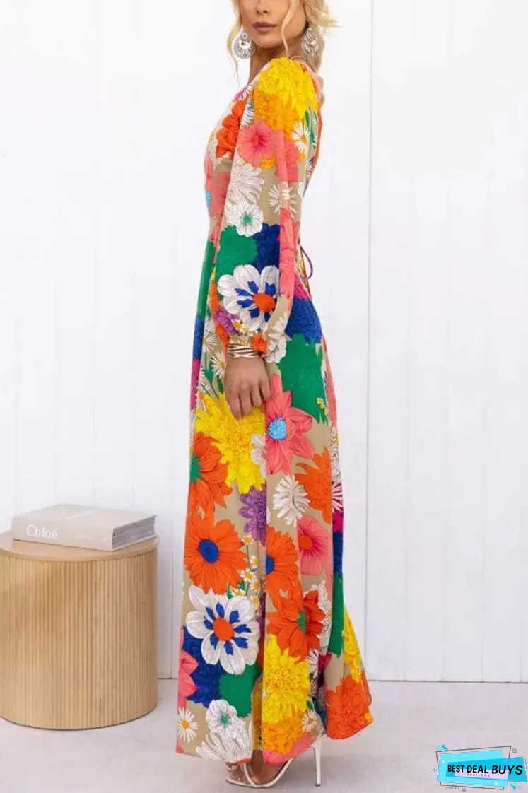 Autumn New Long Sleeve Dopamine Print Lace up Waist Holiday Street Fashion Dress