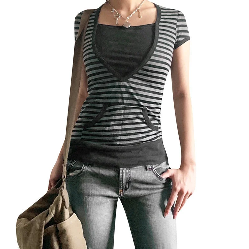Xingqing y2k Short Sleeve Top Women Stripe Patchwork Harajuku Tee Vintage Woman Clothes Fairy Grunge Tshirt with Pocket Outfits