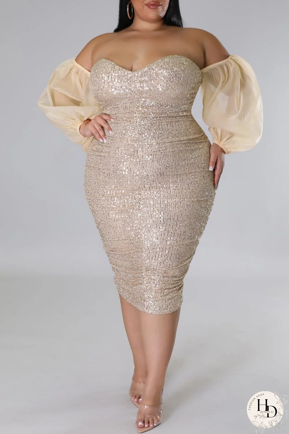 Champagne Sexy Formal Patchwork Hollowed Out Backless Off the Shoulder Evening Dress Plus Size Dresses