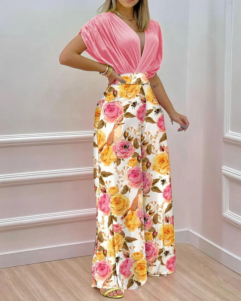 Printed Bat Sleeve Top Wide Leg Pants Two Piece Set