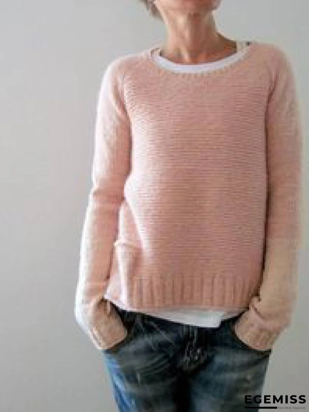 Pink Casual Round Neck Knitted Sweater | EGEMISS